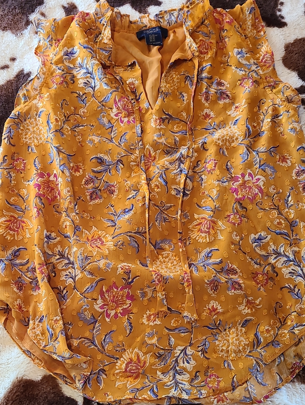 Rachel Ray Mustard Floral Ruffle-Trim Blouse